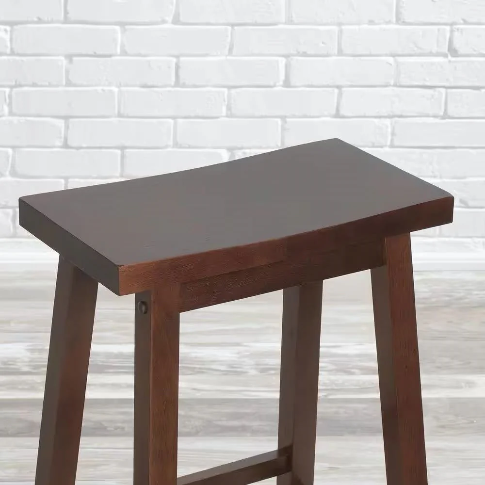 Set of 2 Farmhouse Bar Height Saddle Seat Barstools in Brown Walnut Wood Finish - Image 2