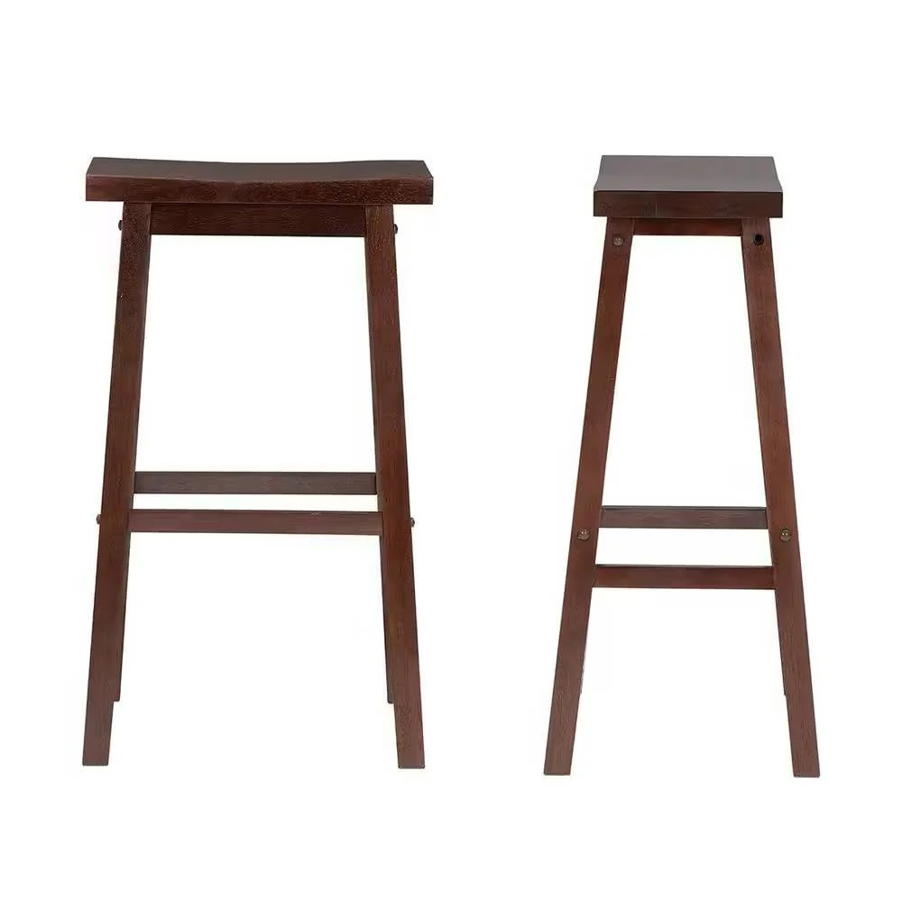 Set of 2 Farmhouse Bar Height Saddle Seat Barstools in Brown Walnut Wood Finish - Image 3