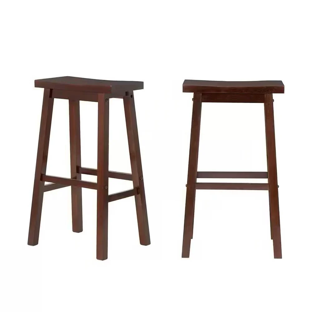 Set of 2 Farmhouse Bar Height Saddle Seat Barstools in Brown Walnut Wood Finish - Image 4