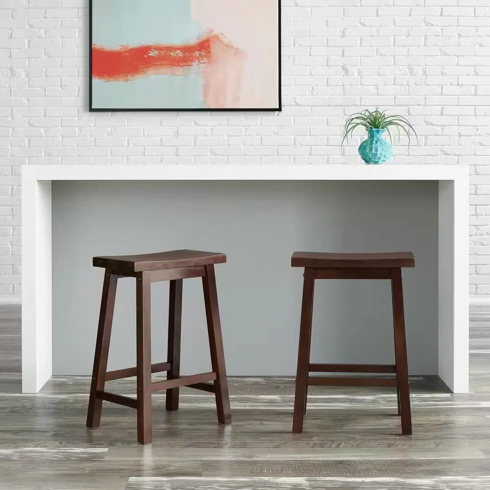 Set of 2 Farmhouse Counter Height Saddle Bar Stools in Brown Walnut Wood Finish - Image 2
