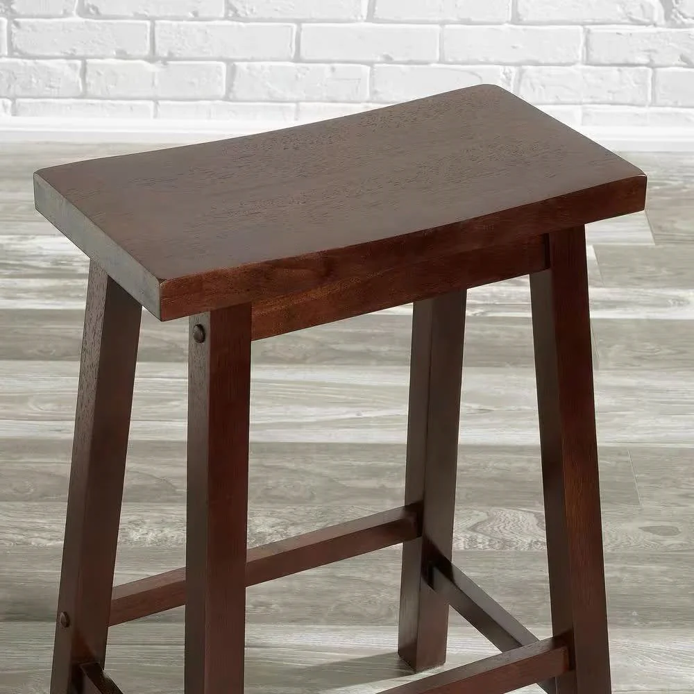 Set of 2 Farmhouse Counter Height Saddle Bar Stools in Brown Walnut Wood Finish - Image 3