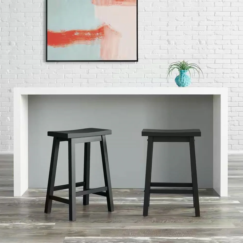 Set of 2 Farmhouse Counter Height Saddle Barstool in Charcoal Black Wood Finish - Image 2