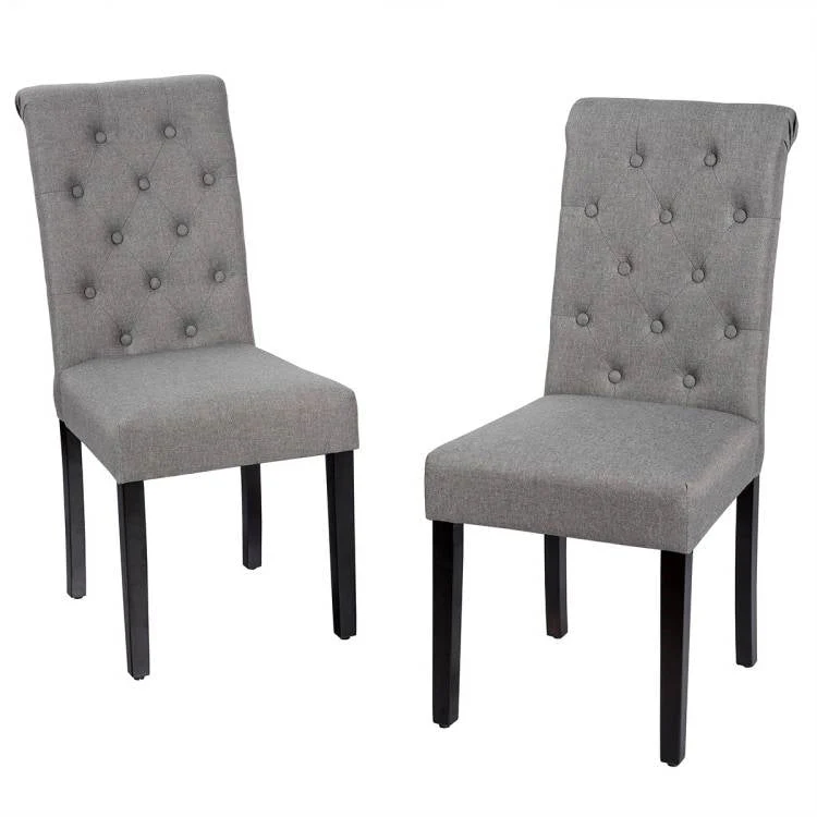 Set of 2 Grey Linen Button Tufted Dining Chair with Wood Legs - Image 2