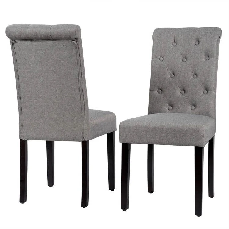 Set of 2 Grey Linen Button Tufted Dining Chair with Wood Legs - Image 3