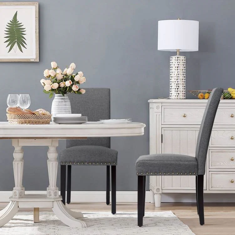 Set of 2 Grey Linen Upholstered Nailhead Dining Chair - 330 lbs. Weight Capacity - Image 2