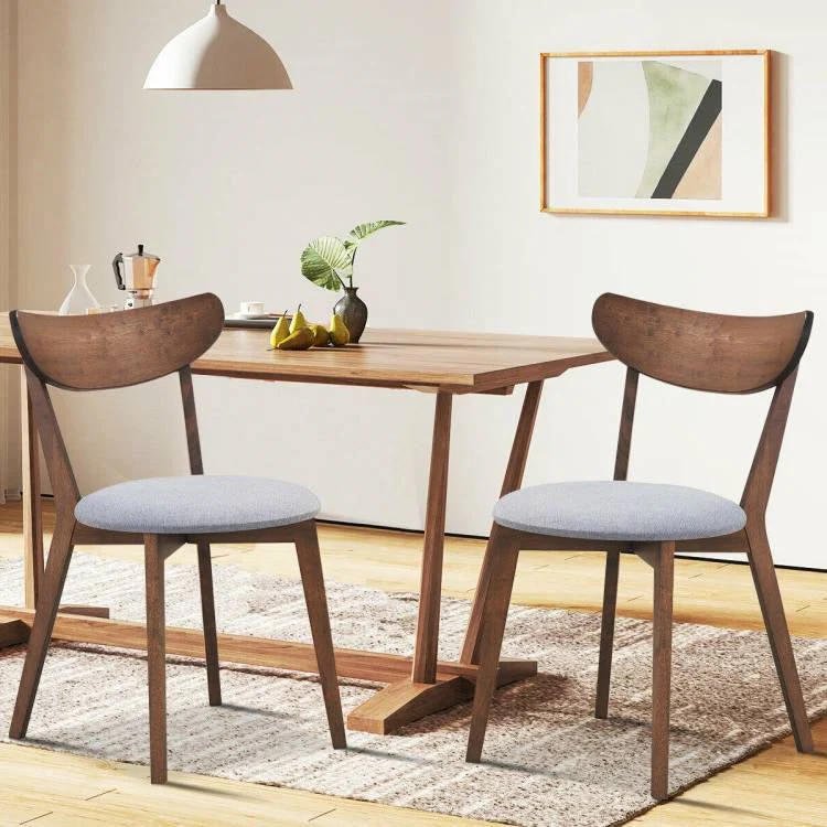 Set of 2 Mid-Century Modern Curved Back Wood Dining Chair Grey Upholstered Seat - Image 3
