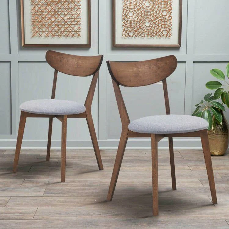 Set of 2 Mid-Century Modern Curved Back Wood Dining Chair Grey Upholstered Seat - Image 4