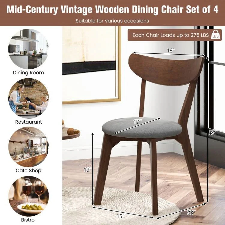 Set of 2 Mid-Century Modern Curved Back Wood Dining Chair Grey Upholstered Seat - Image 5