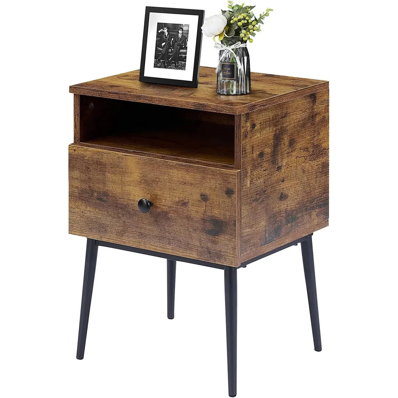 Set of 2 - Mid Century Modern Side Table Nightstand in Brown Black Wood Finish - Image 2
