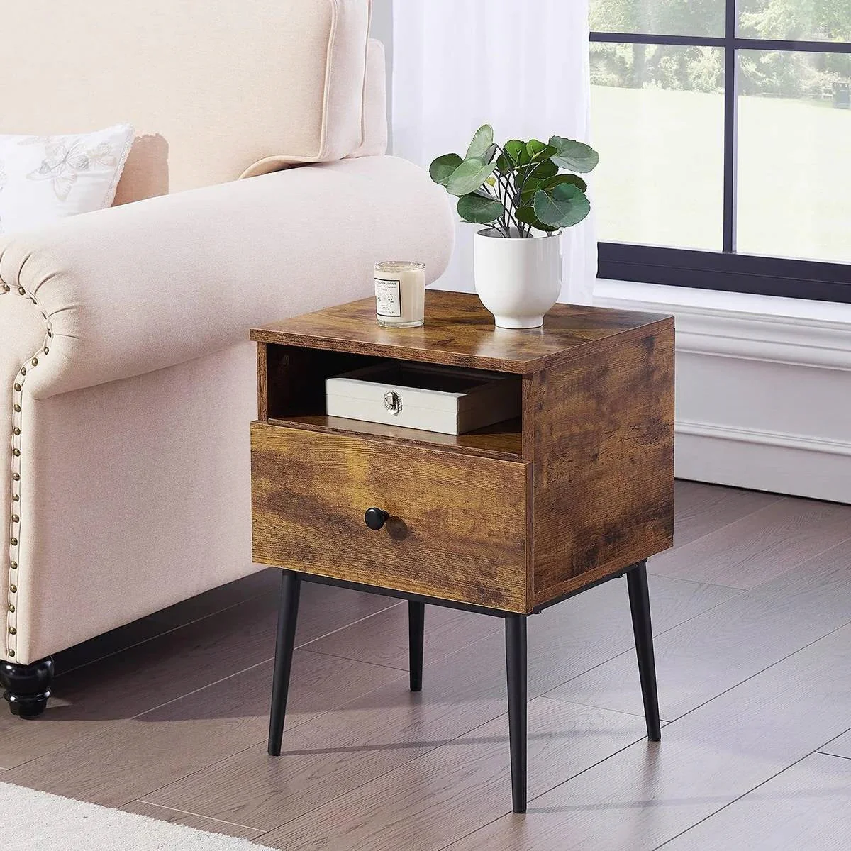 Set of 2 - Mid Century Modern Side Table Nightstand in Brown Black Wood Finish - Image 3