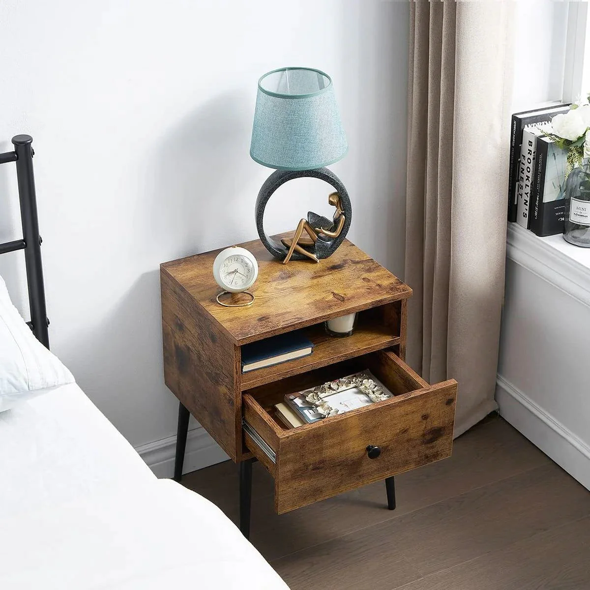 Set of 2 - Mid Century Modern Side Table Nightstand in Brown Black Wood Finish - Image 4