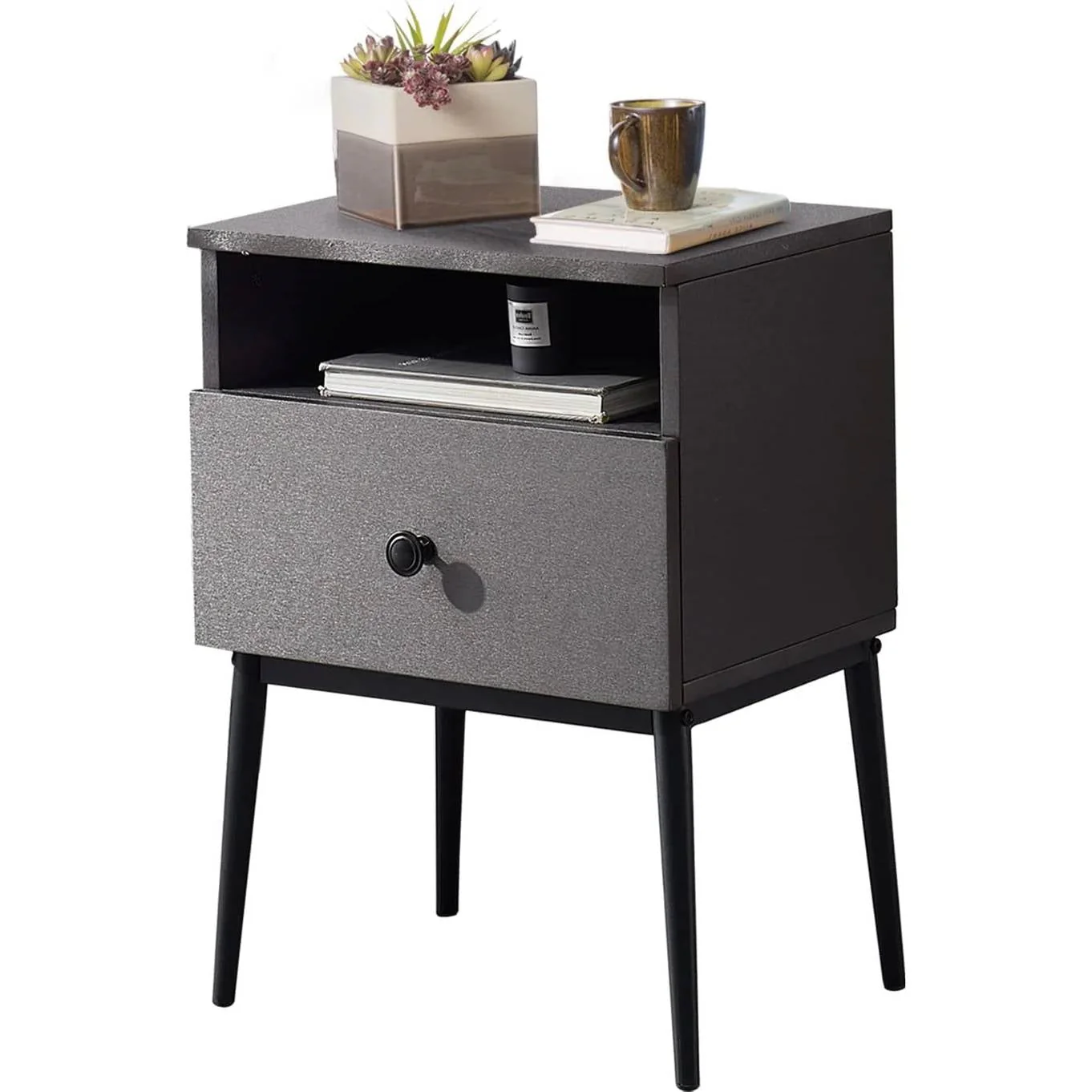 Set of 2 - Mid Century Modern Side Table Nightstand in Grey Black Wood Finish - Image 3