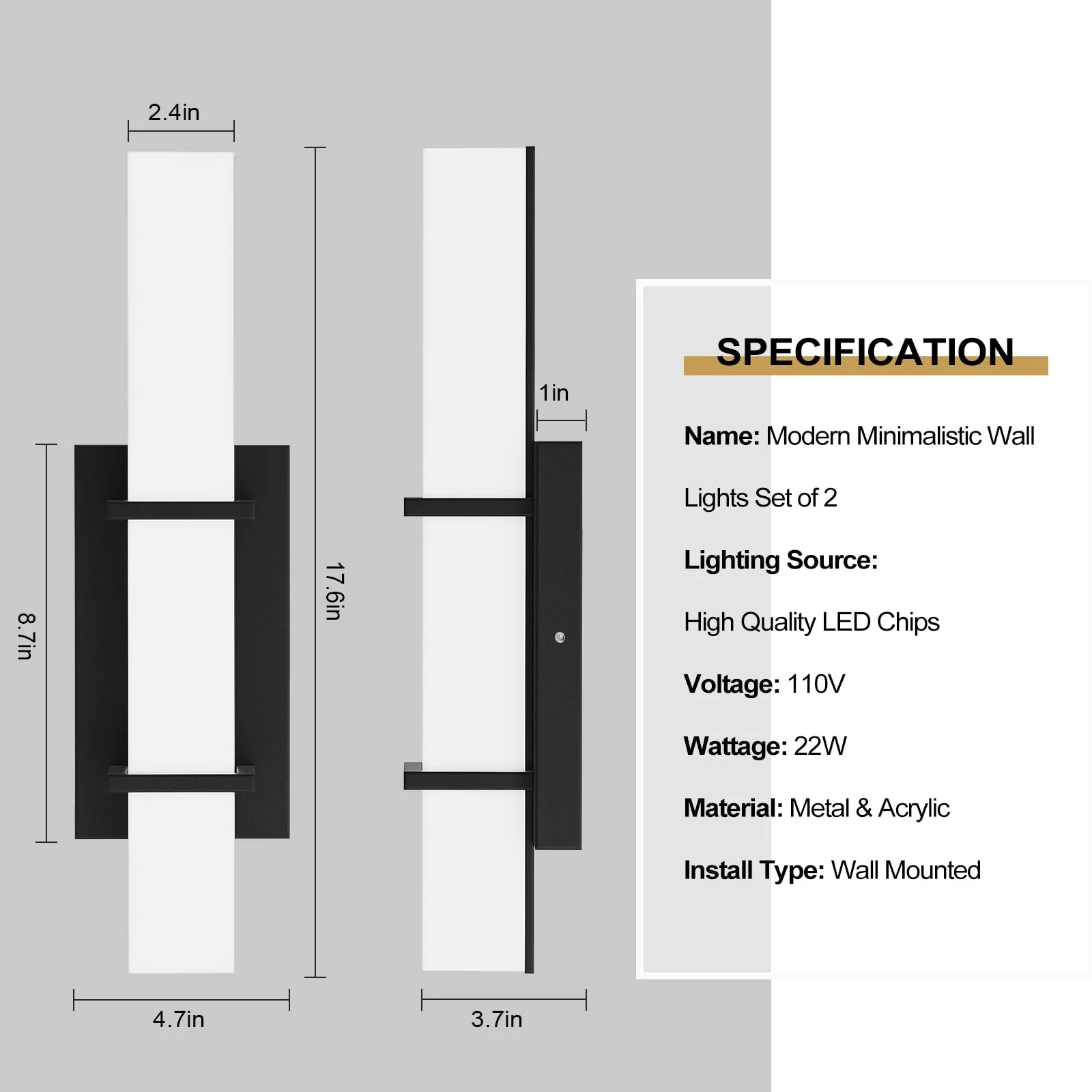 Set of 2 Modern 17.6 Inch Wall Sconces, 3 Color Temperatures for Indoor & Outdoors - Image 5