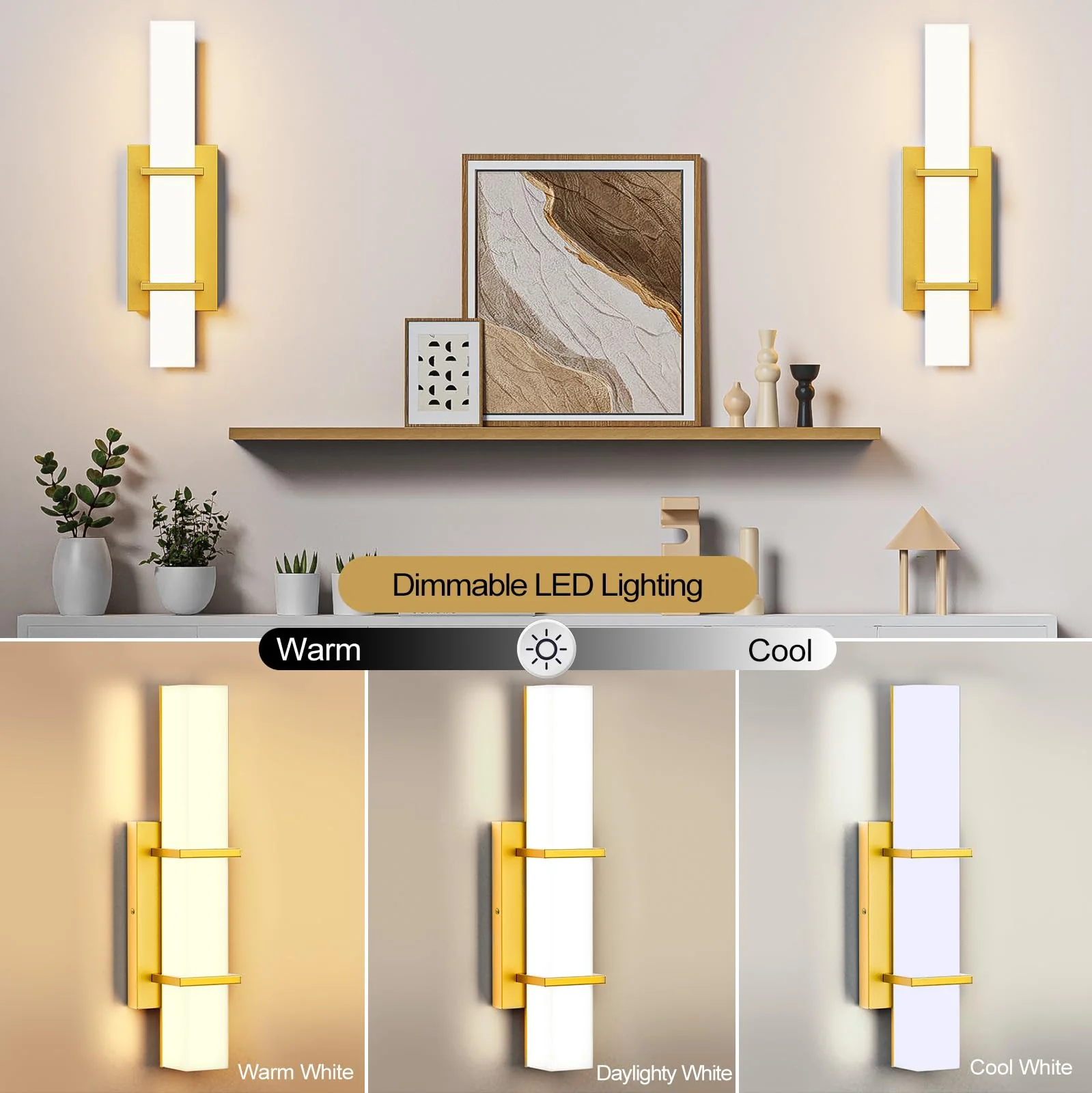 Set of 2 Modern 17.6 Inch Wall Sconces, 3 Color Temperatures for Indoor & Outdoors - Gold - Image 4