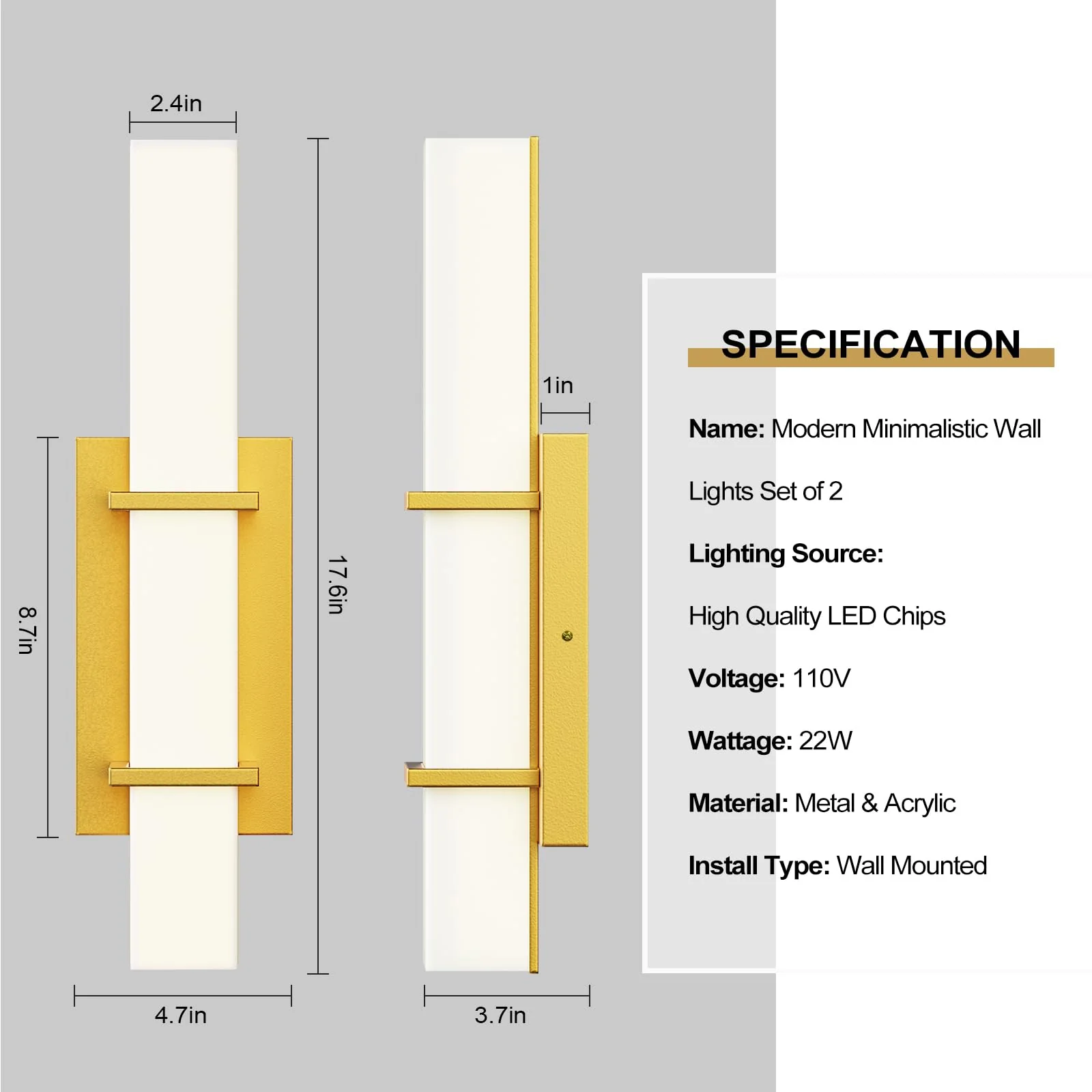 Set of 2 Modern 17.6 Inch Wall Sconces, 3 Color Temperatures for Indoor & Outdoors - Gold - Image 6