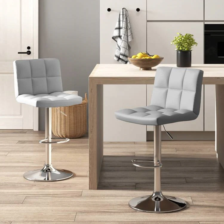 Set of 2 Modern Adjustable Height Barstools w/ Comfortable Grey PU Leather Seat - Image 2
