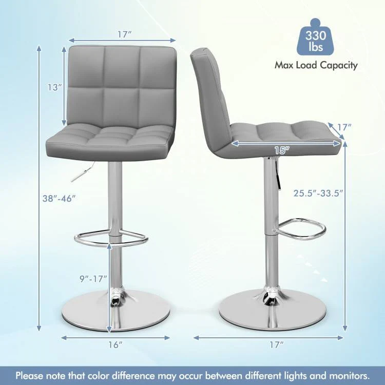 Set of 2 Modern Adjustable Height Barstools w/ Comfortable Grey PU Leather Seat - Image 5