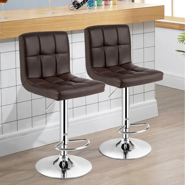 Set of 2 Modern Adjustable Height Barstools with Brown PU Leather Swivel Seat - Image 3