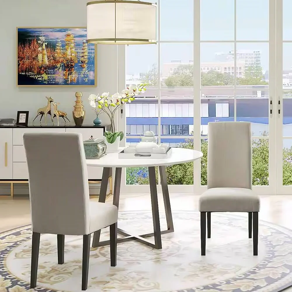Set of 2 Modern Beige Cream Fabric Upholstered Dining Chair with Black Wood Legs - Image 3