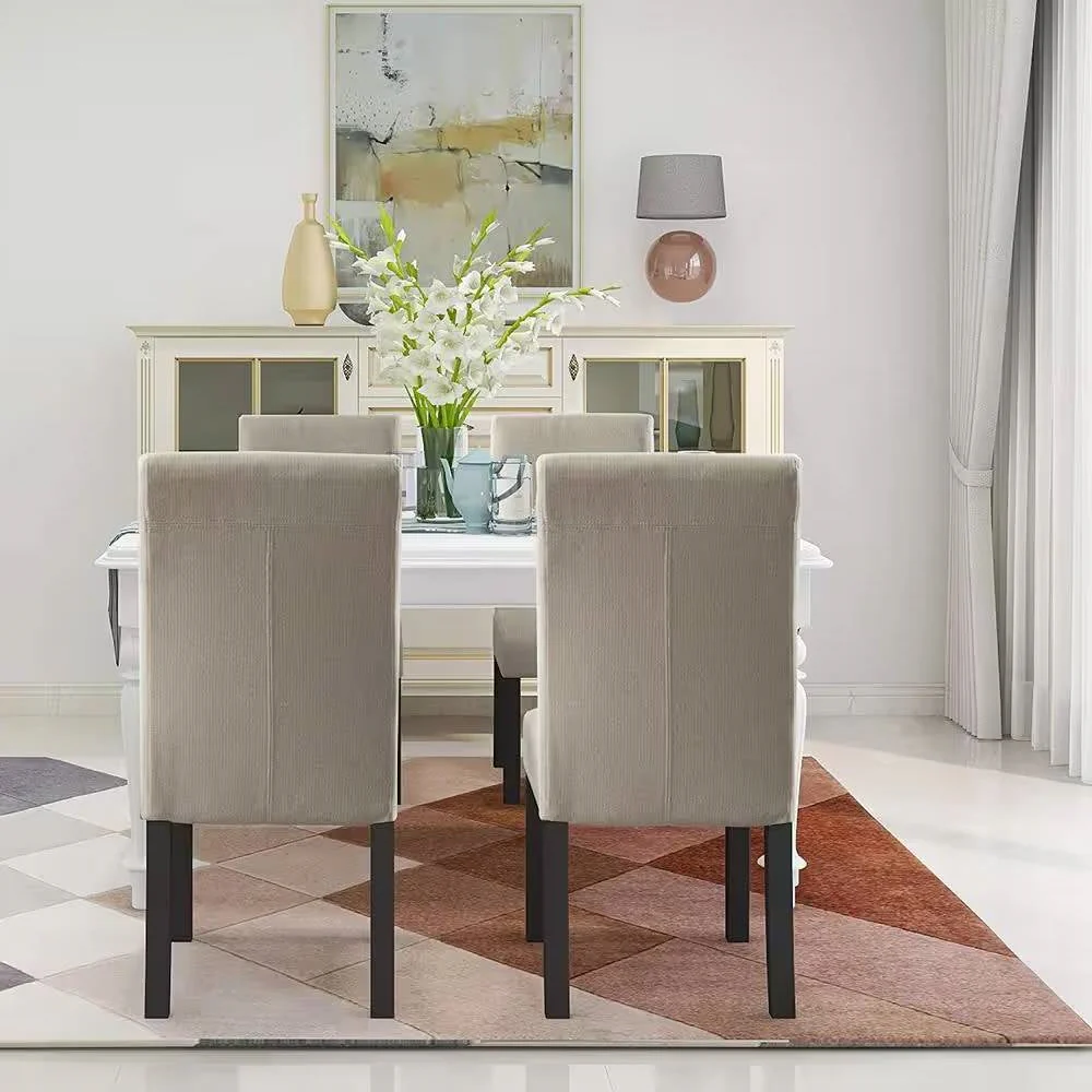 Set of 2 Modern Beige Cream Fabric Upholstered Dining Chair with Black Wood Legs - Image 4
