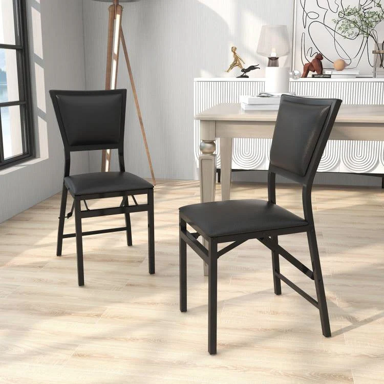 Set of 2 - Modern Black Metal Folding Dining Chairs with PU Leather Seat Cushion - Image 2