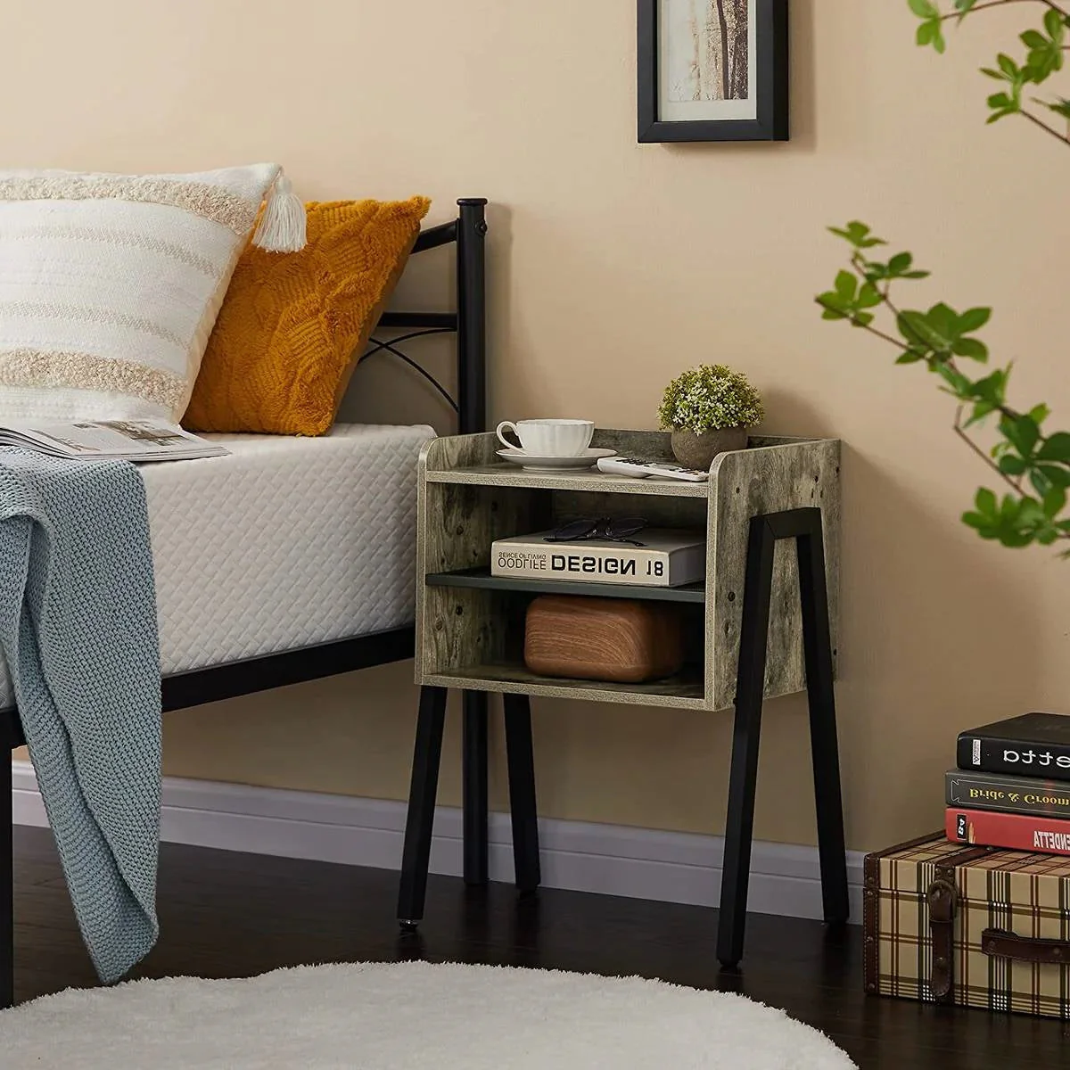 Set of 2 Modern Industrial Grey Wood Black Metal Side Table Nightstand End Table - Image 2