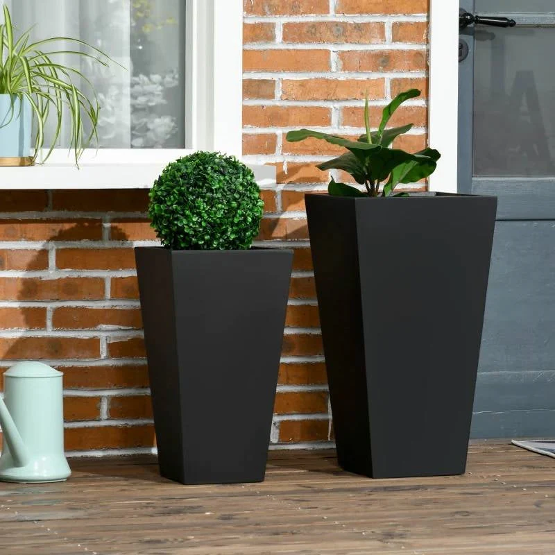 Set of 2 Modern Lightweight Black Outdoor Patio Flower Pot Tall Planter Box - Image 3