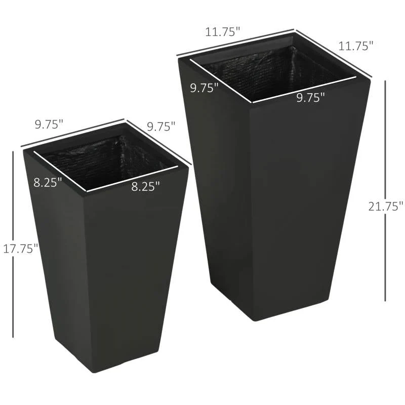 Set of 2 Modern Lightweight Black Outdoor Patio Flower Pot Tall Planter Box - Image 5