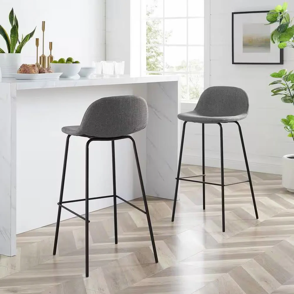 Set of 2 - Modern Low Back Barstool with Black Metal Frame and Grey Linen Seat - Image 2