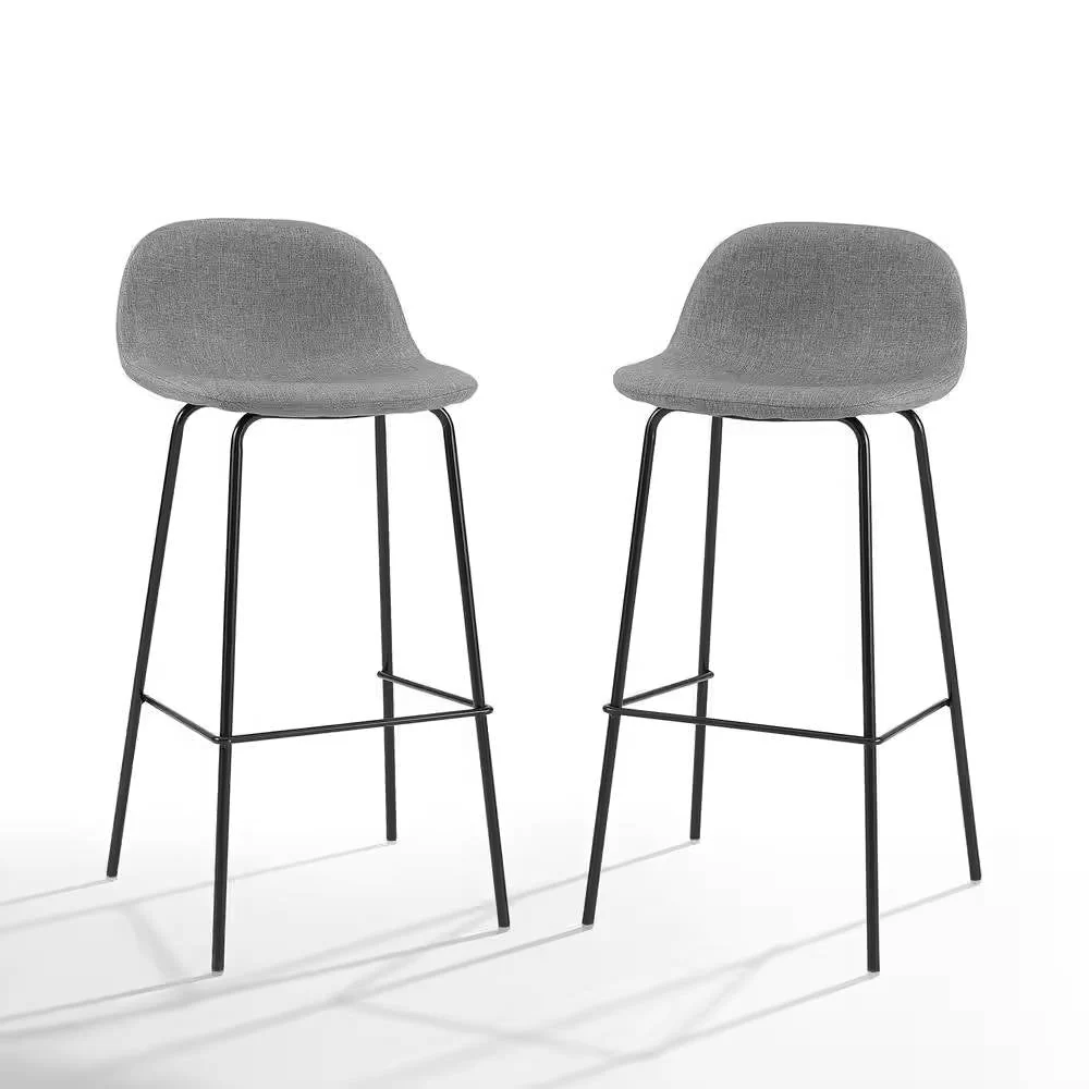 Set of 2 - Modern Low Back Barstool with Black Metal Frame and Grey Linen Seat - Image 3