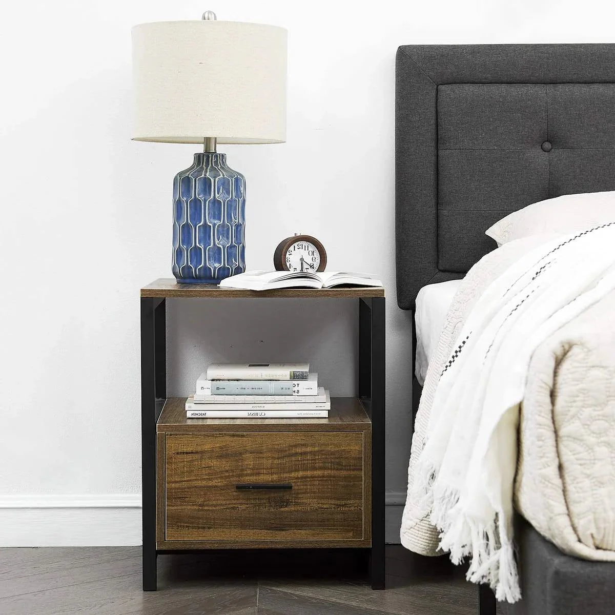 Set of 2 - Modern Metal Wood Side End Table Nightstand with Storage Drawer - Image 3