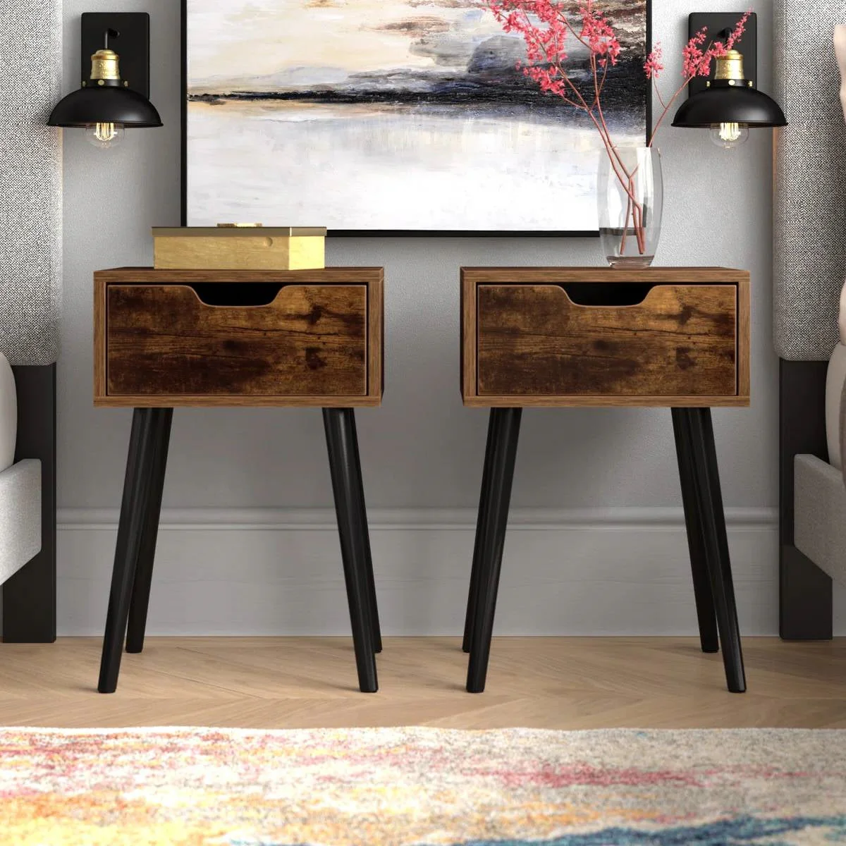 Set of 2 - Modern Mid-Century Farmhouse Bedroom Nightstand End Table - Image 2