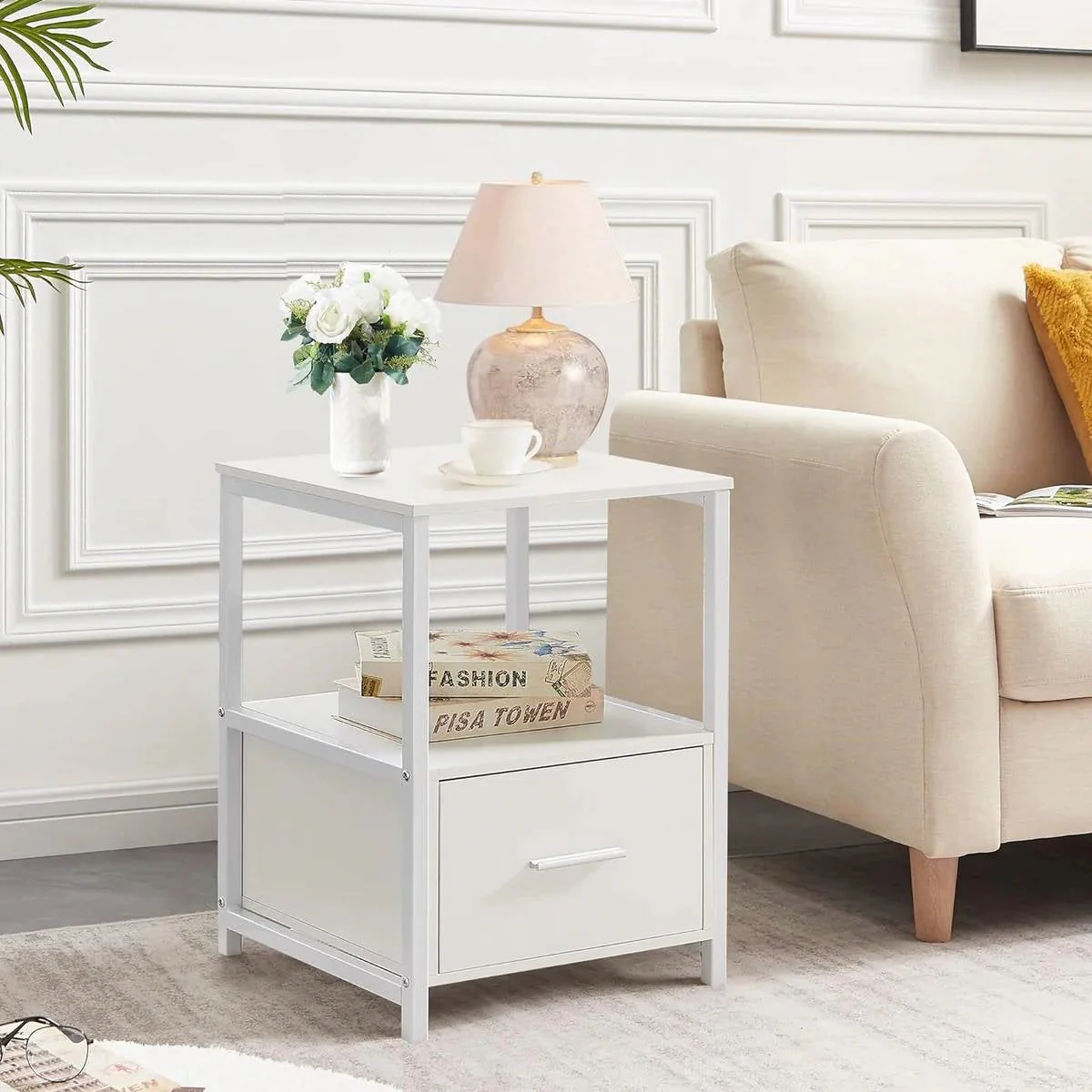 Set of 2 - Modern White Metal Wood Side End Table Nightstand with Storage Drawer - Image 2