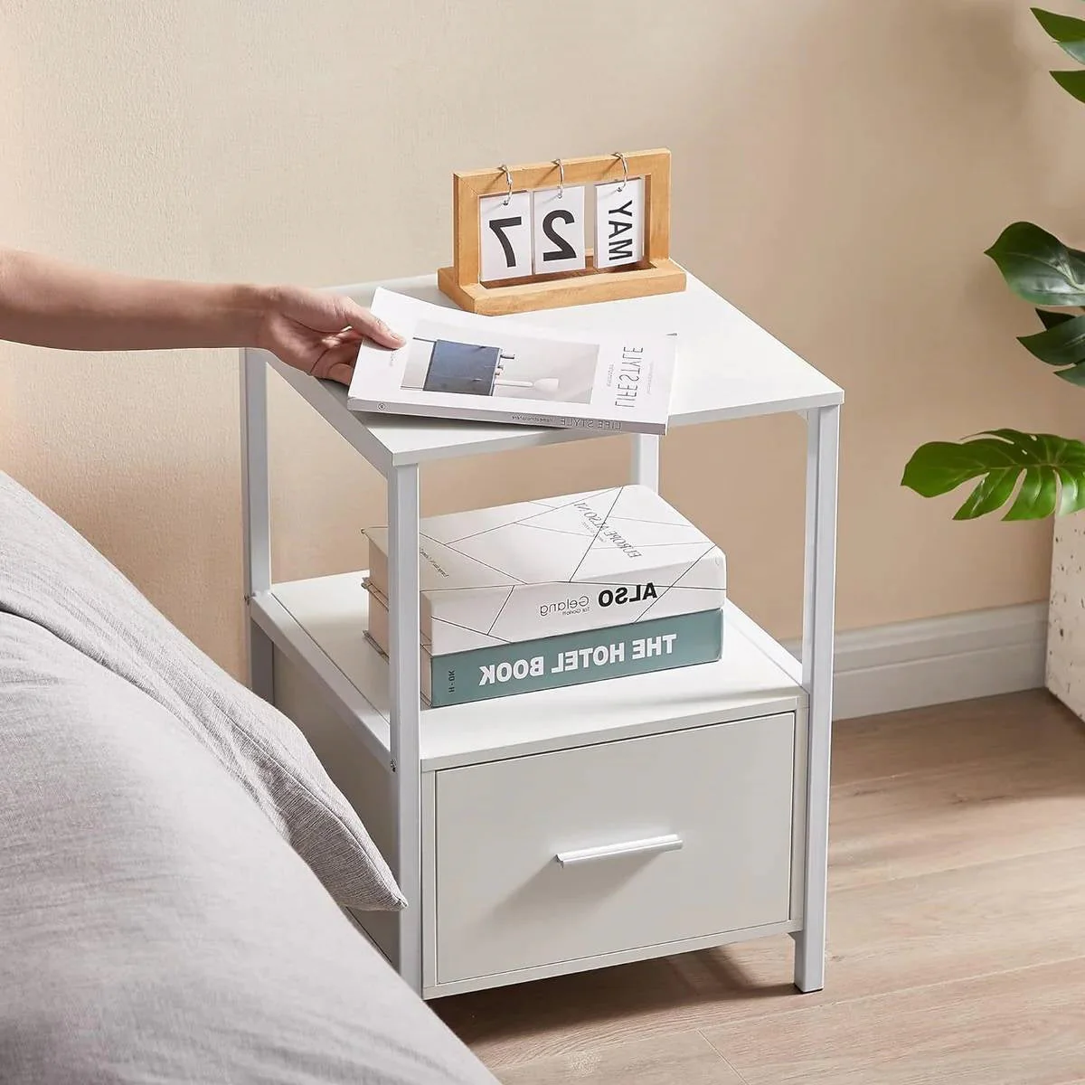 Set of 2 - Modern White Metal Wood Side End Table Nightstand with Storage Drawer - Image 3