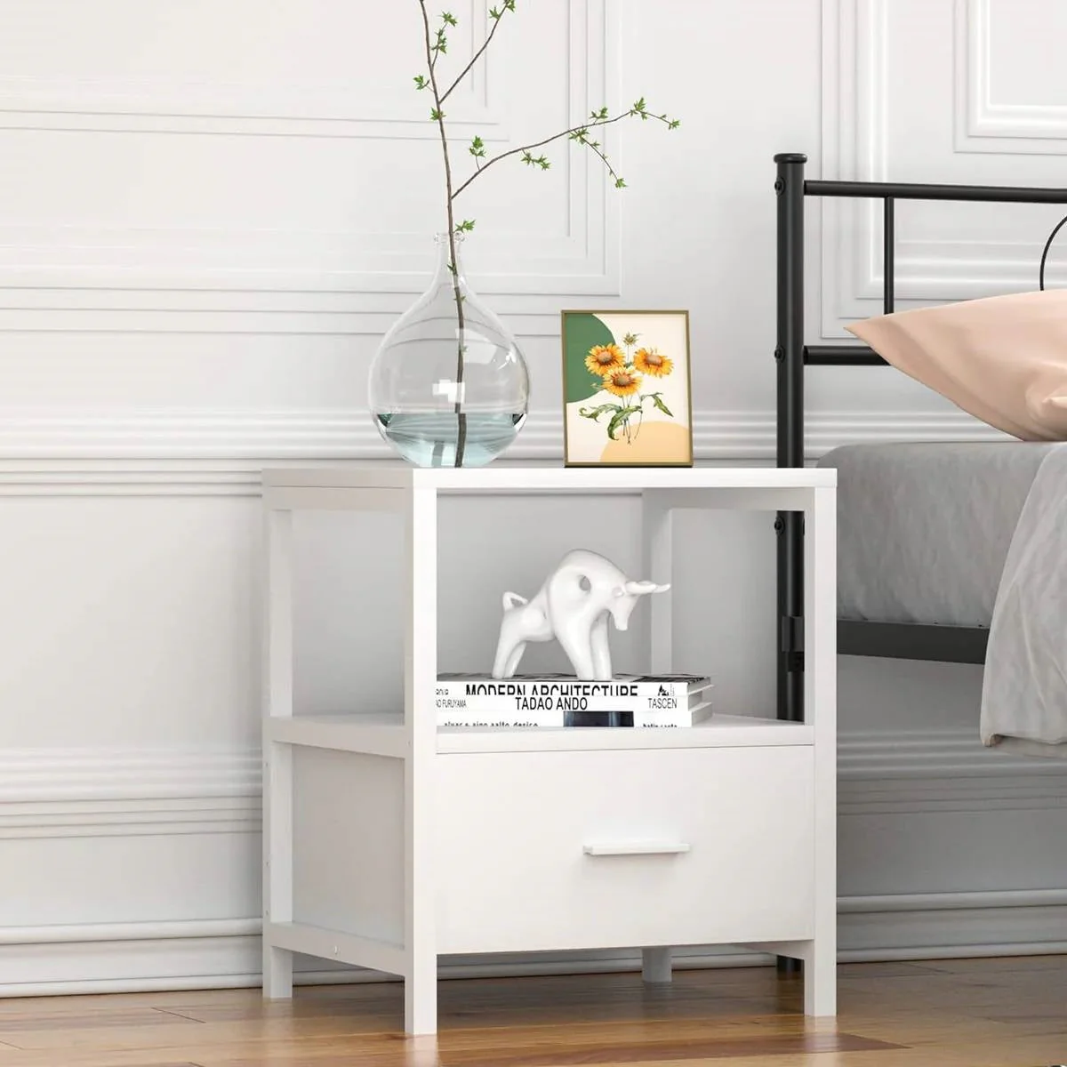 Set of 2 - Modern White Metal Wood Side End Table Nightstand with Storage Drawer - Image 4