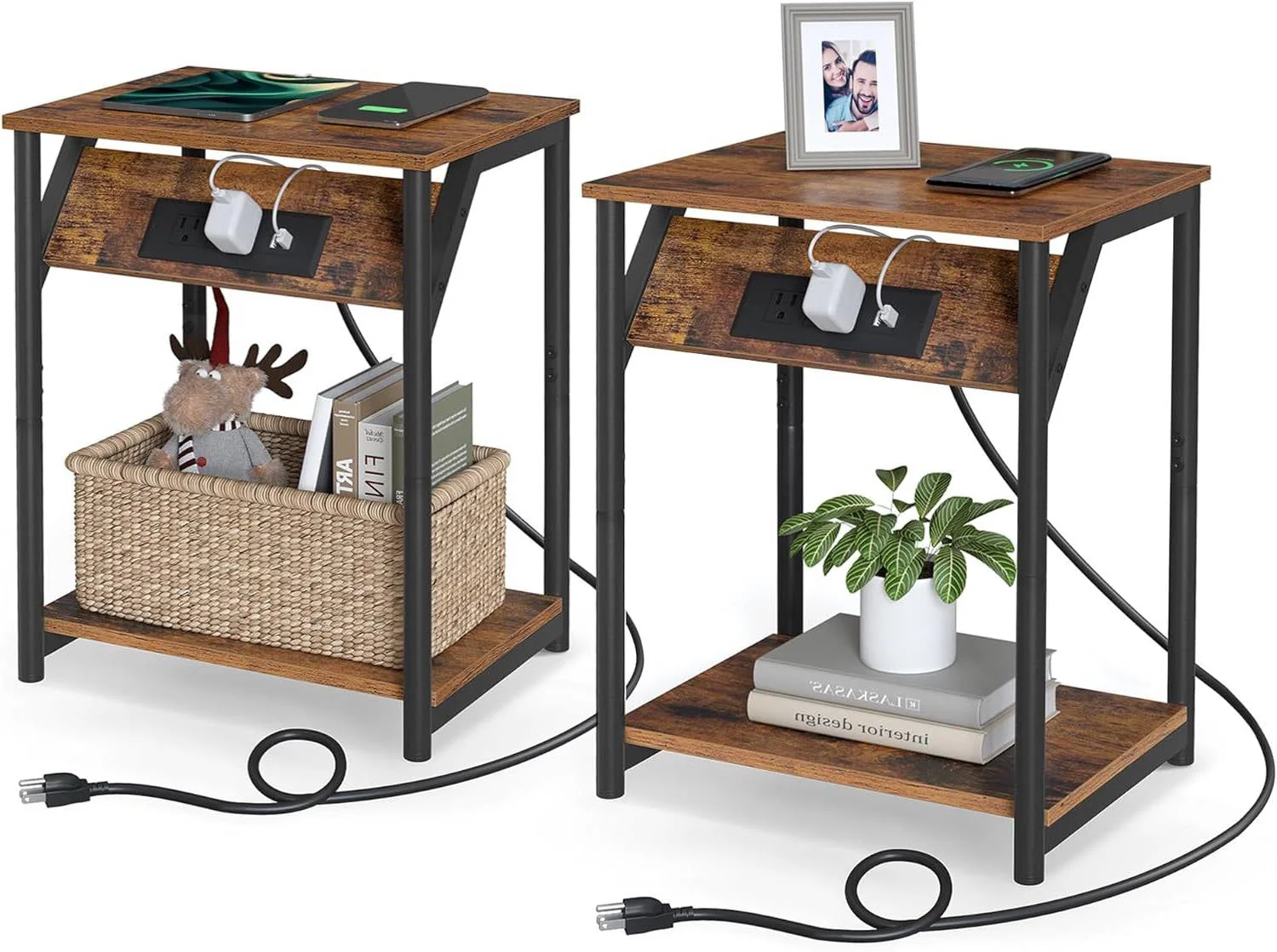 Set of 2 -  Nightstand End Tables Charging Station with 2 USB ports - Image 2