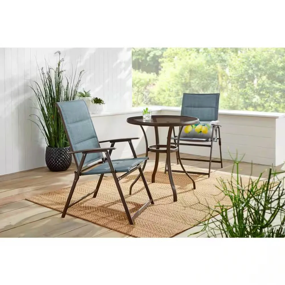 Set of 2 - Outdoor Folding Patio Dining Chair with Blue Denim Padded Seat - Image 2