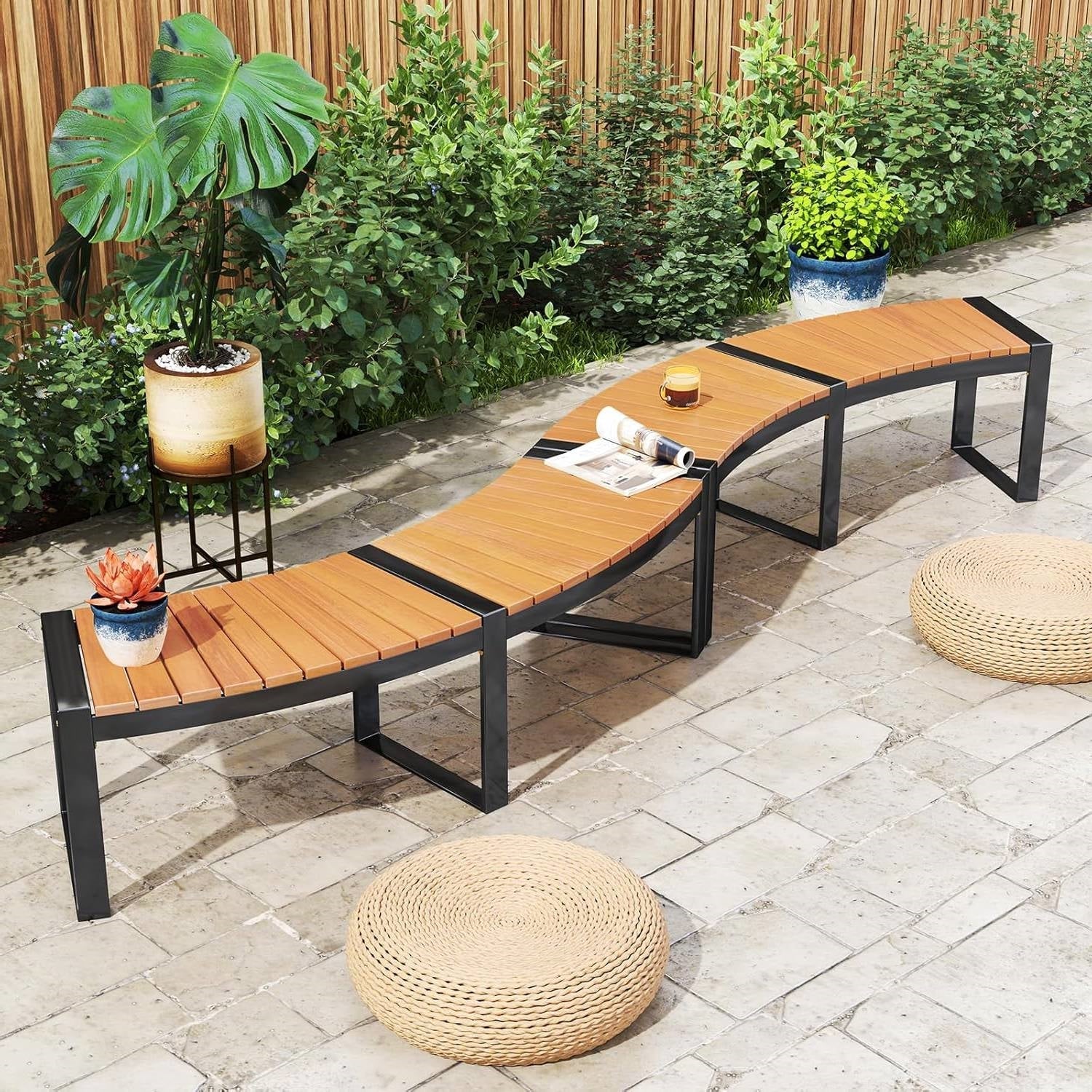 Set of 2 - Outdoor Metal Wood Backless Garden Bench with Modern Curved Design - Image 2