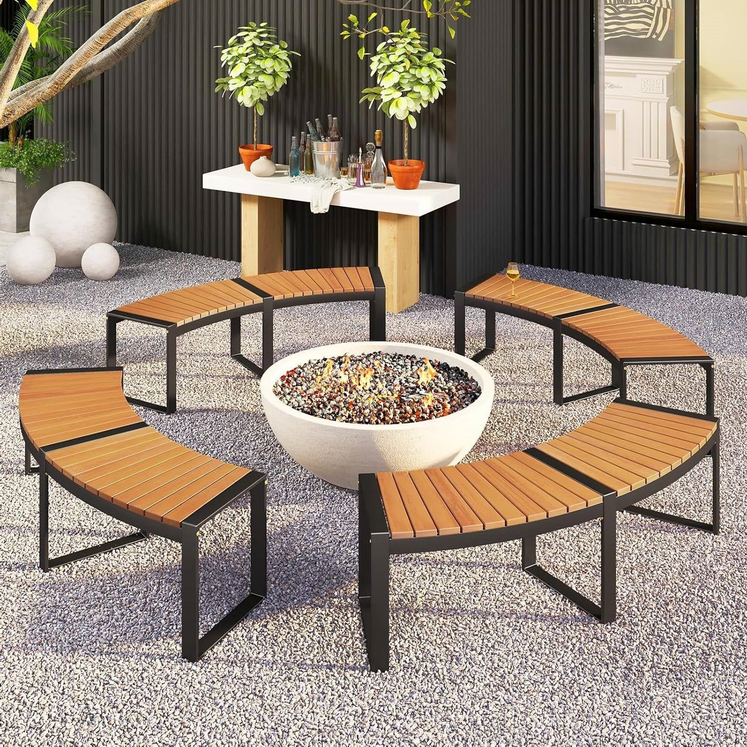 Set of 2 - Outdoor Metal Wood Backless Garden Bench with Modern Curved Design - Image 4
