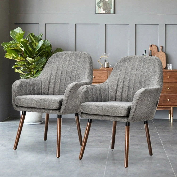 Set of 2 Retro Grey Linen Upholstered Accent Chair with Stylish Wood Legs - Image 3