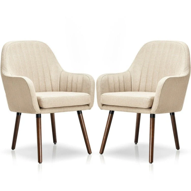 Set of 2 Retro Off-White Linen Upholstered Accent Chair with Stylish Wood Legs - Image 2