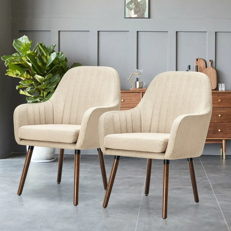 Set of 2 Retro Off-White Linen Upholstered Accent Chair with Stylish Wood Legs - Image 3