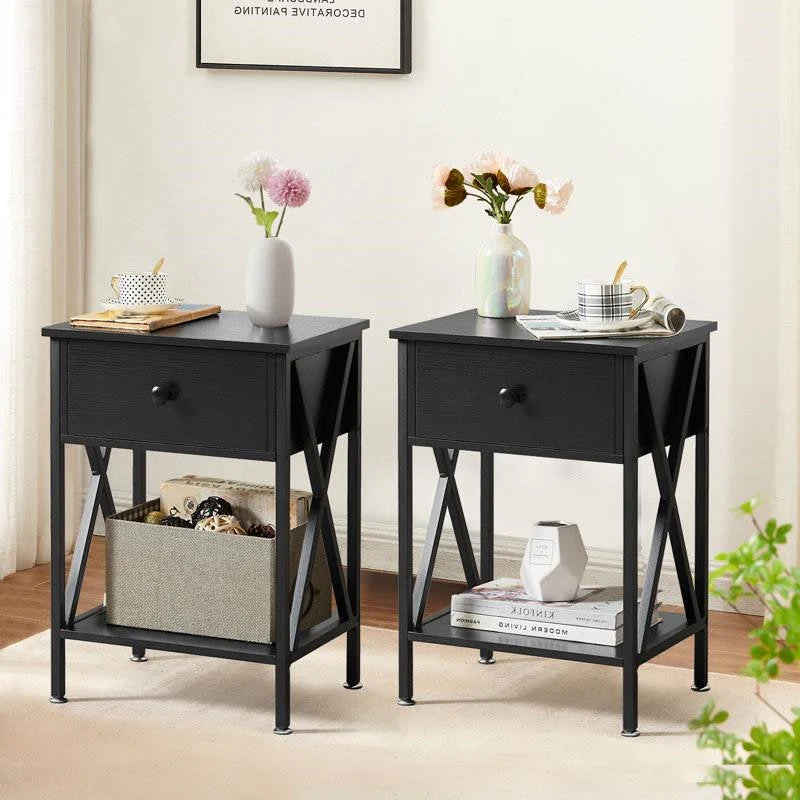 Set of 2 - Rustic 1 Drawer Black Nightstand with X-Shaped Sides - Image 2