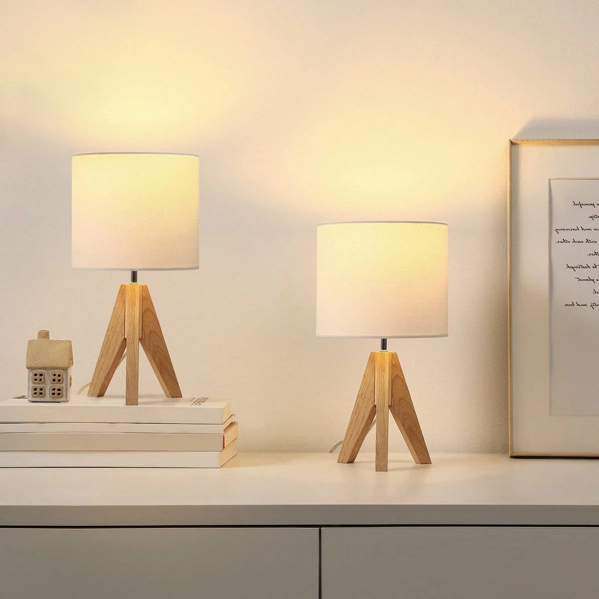Set of 2 - Scandinavian Style Tripod Desk Lamp with White Linen Drum Shade - Image 3