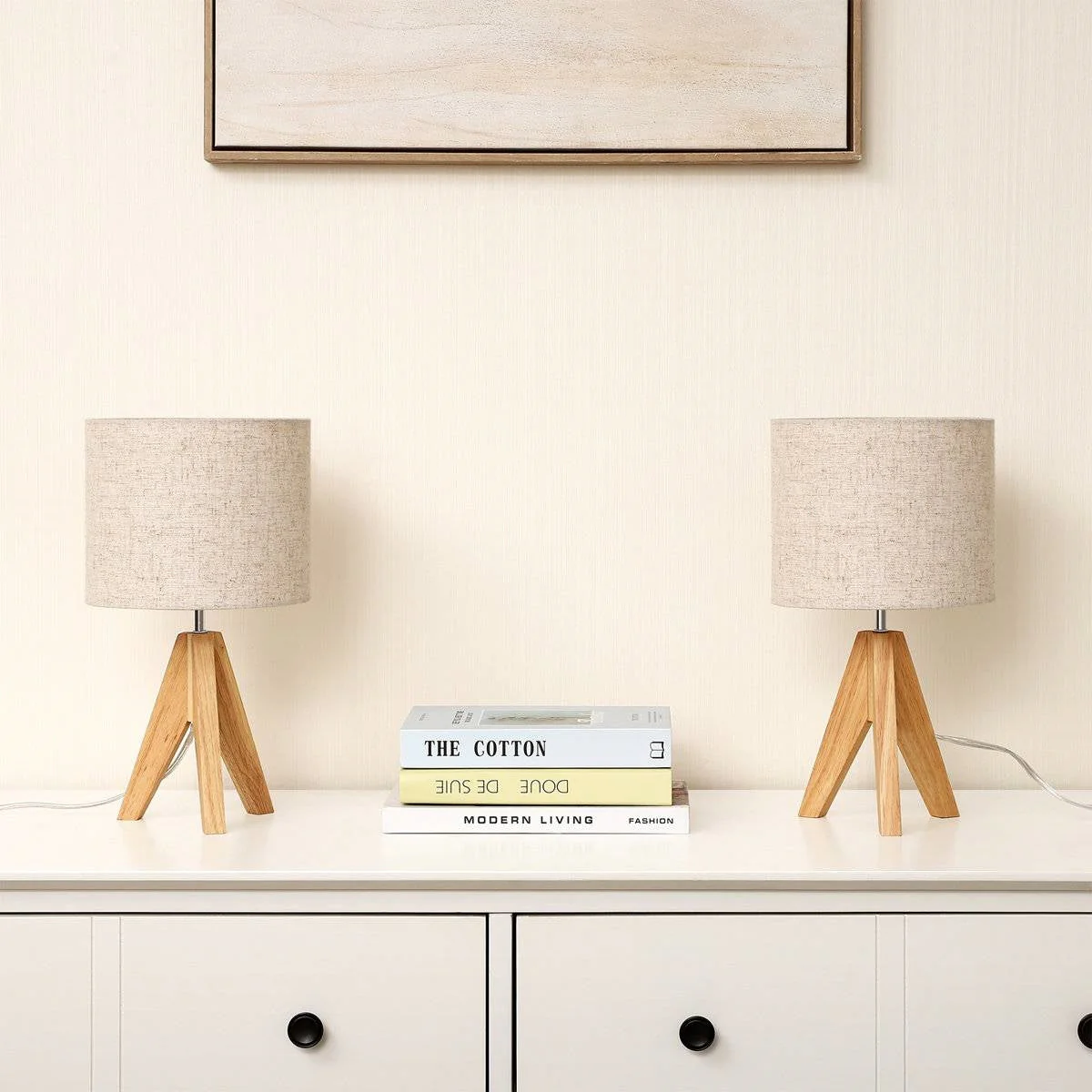 Set of 2 - Solid Wood Tripod Table Lamp with Beige Linen Drum Shade - Image 2