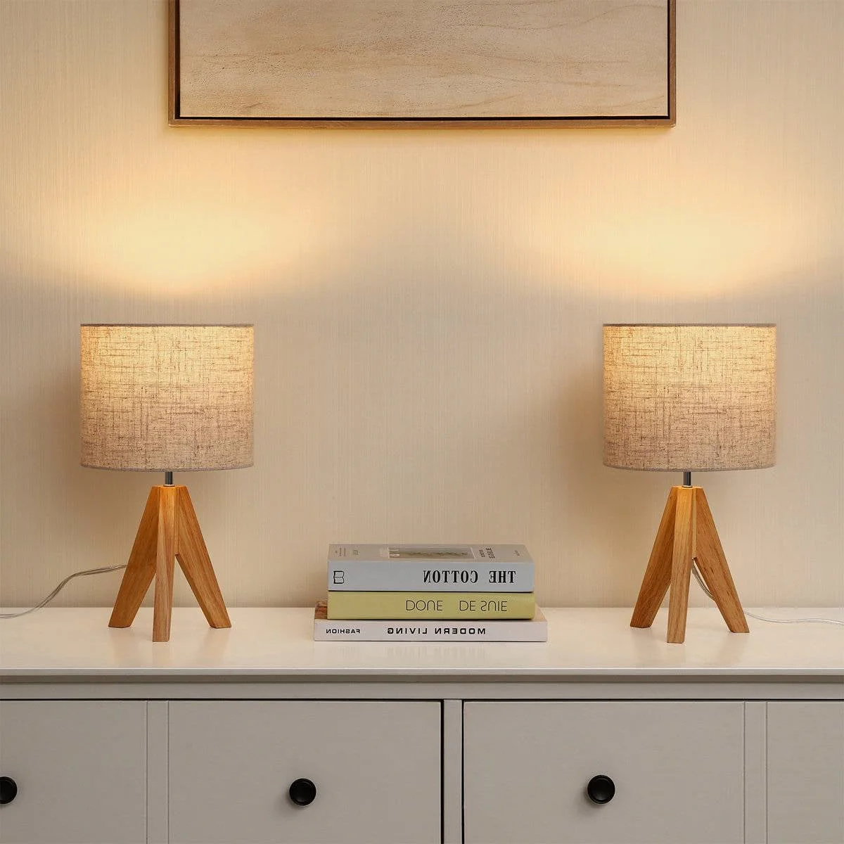 Set of 2 - Solid Wood Tripod Table Lamp with Beige Linen Drum Shade - Image 3