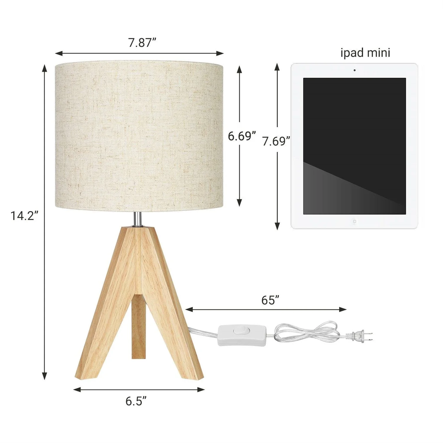 Set of 2 - Solid Wood Tripod Table Lamp with Beige Linen Drum Shade - Image 5