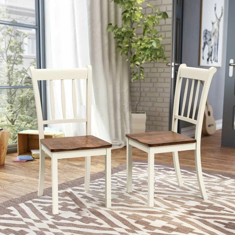 Set of 2 Solid Wood White Mission Style Armless Dining Chair with Brown Seat - Image 3