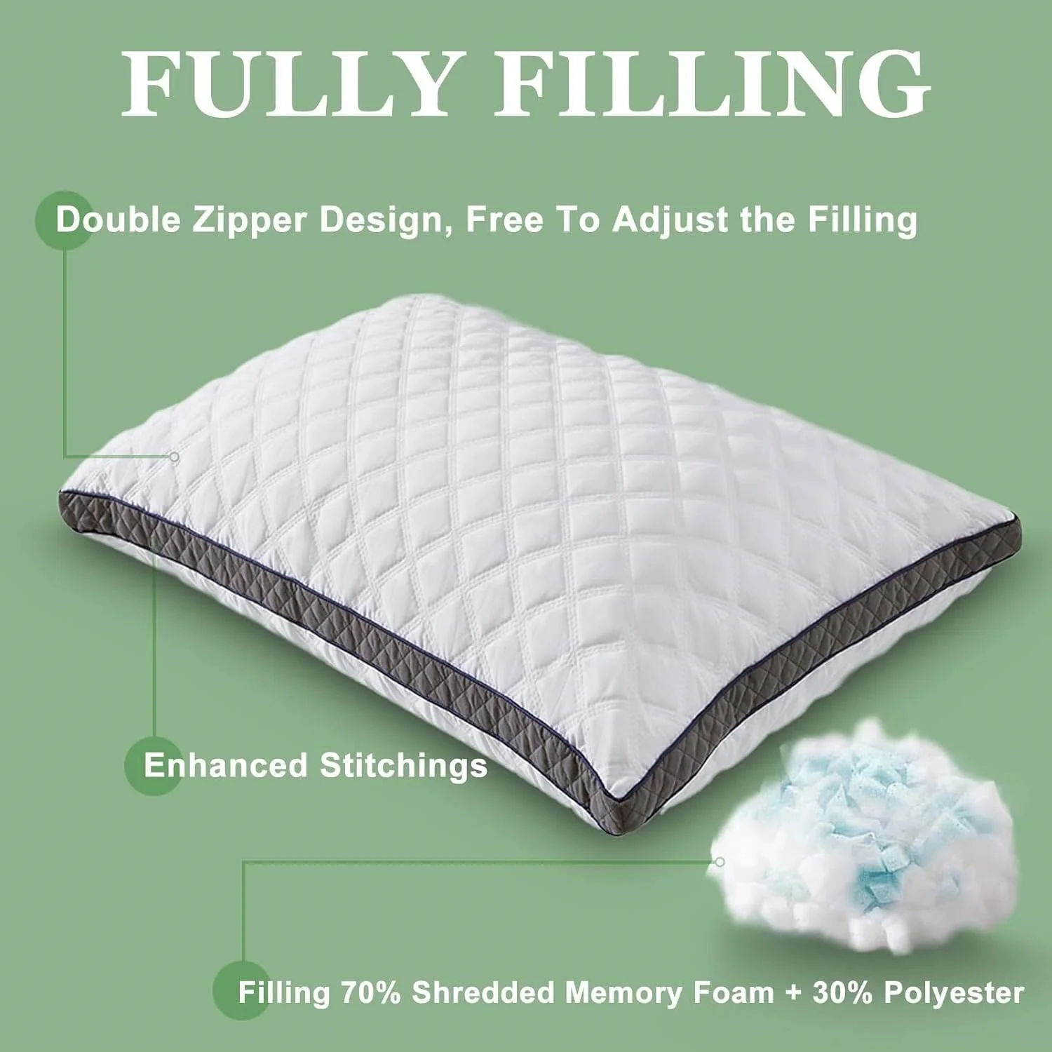 Set of 2 Standard Shredded Memory Foam Polyester Pillow with Removeable Cover - Image 2