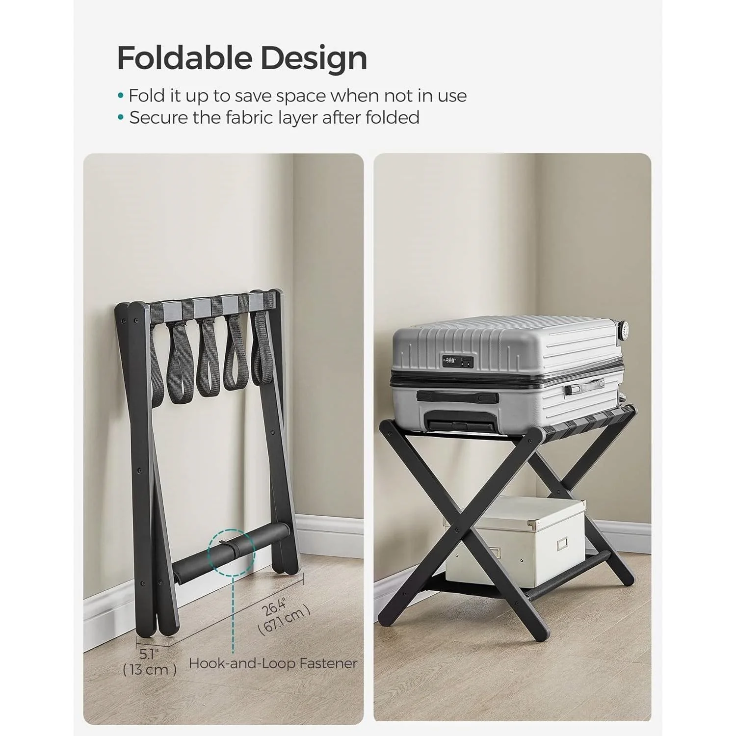 Set of 2 - Sturdy Bamboo Luggage Rack in Black Wood Finish with Lower Storage Shelf - Image 2